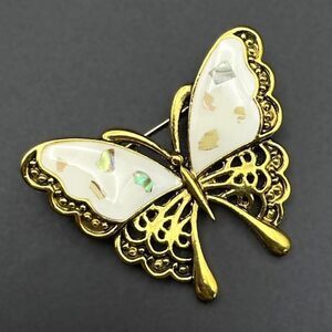 Yellow Gold with Embedded Shell in White Enamel Butterfly Pin Back Brooch